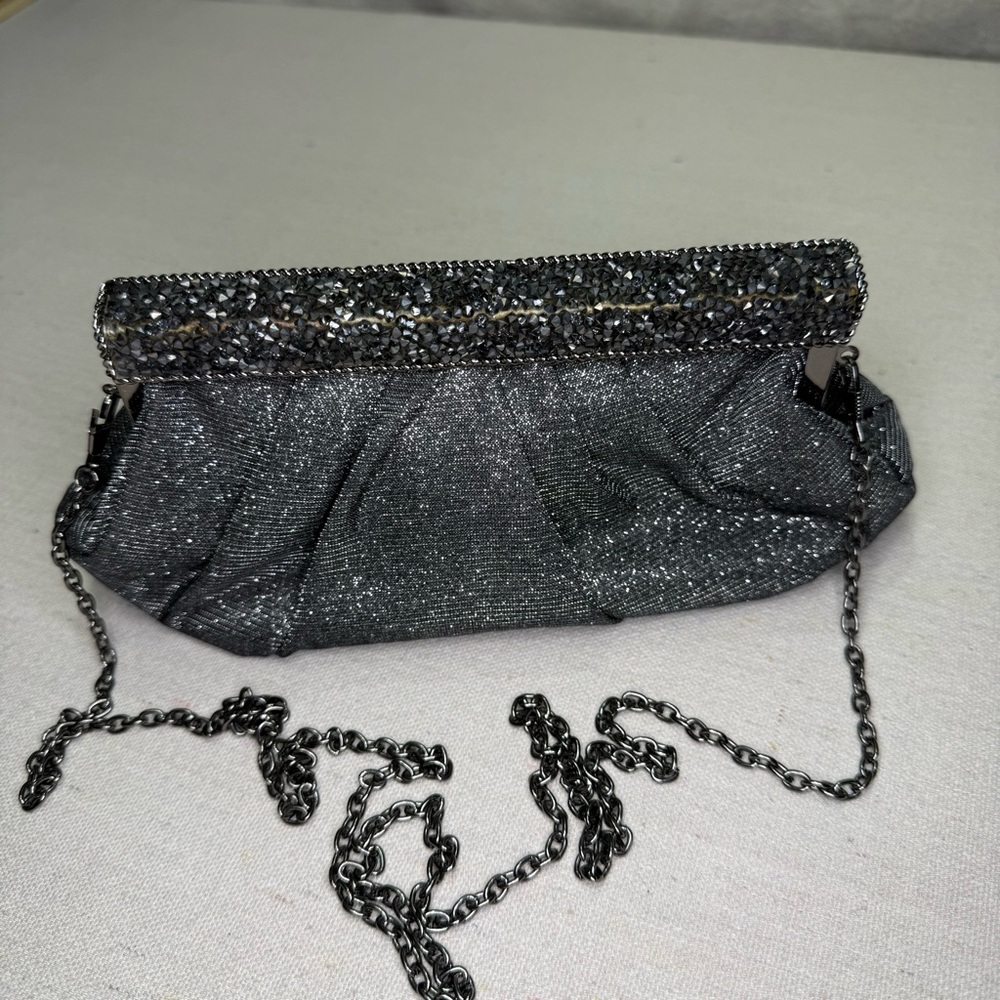 Black Sparkle Rhinestone Frame Clutch Evening Bag w/ Chain Strap